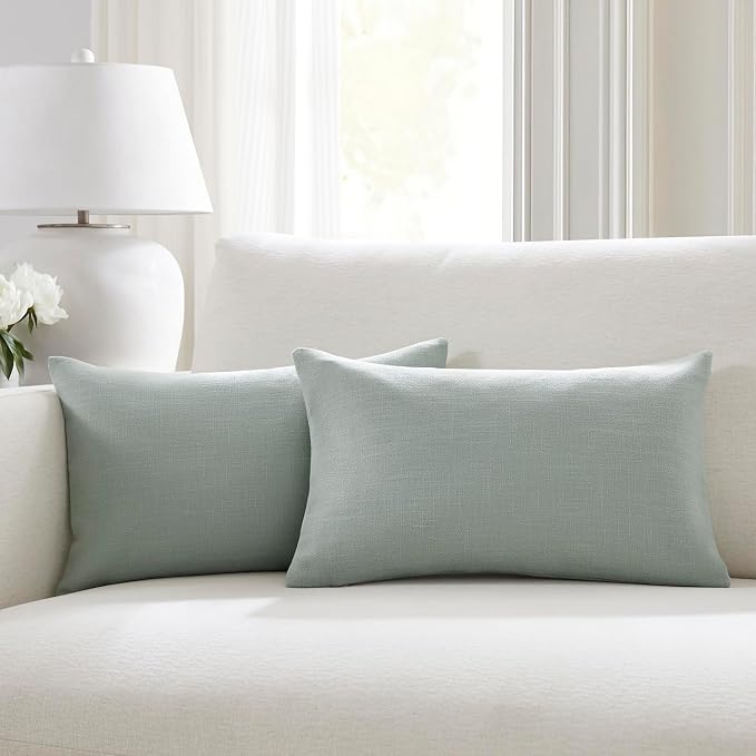 Meekio Set of 2 Sage Green Throw Pillow Covers 12x20, Modern Farmhouse Linen Blend Decorative Pillow Covers for Couch Sofa Bed, Neutral Home Decor