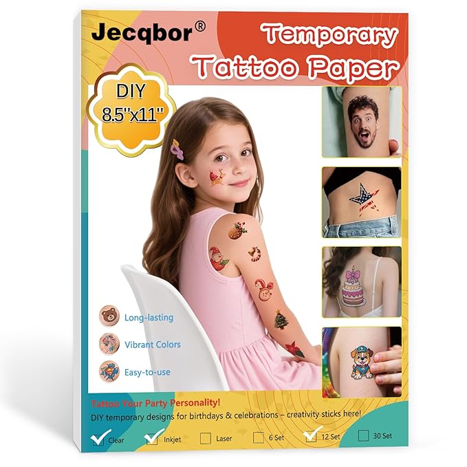 Printable Temporary Tattoo Paper for INKJET Printer, 12-Sets Custom Tattoo Printer Sticker 8.5X11", DIY Personal Clear Transfer Paper for Kids, Family, Christmas, Birthdays, Parties, Festivals