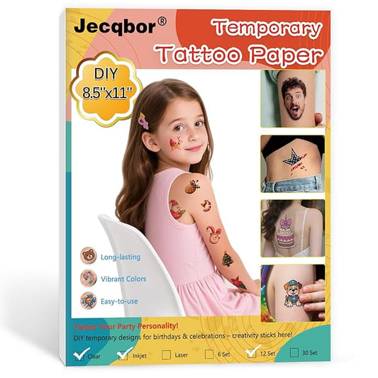 Printable Temporary Tattoo Paper for INKJET Printer, 12-Sets Custom Tattoo Printer Sticker 8.5X11", DIY Personal Clear Transfer Paper for Kids, Family, Christmas, Birthdays, Parties, Festivals