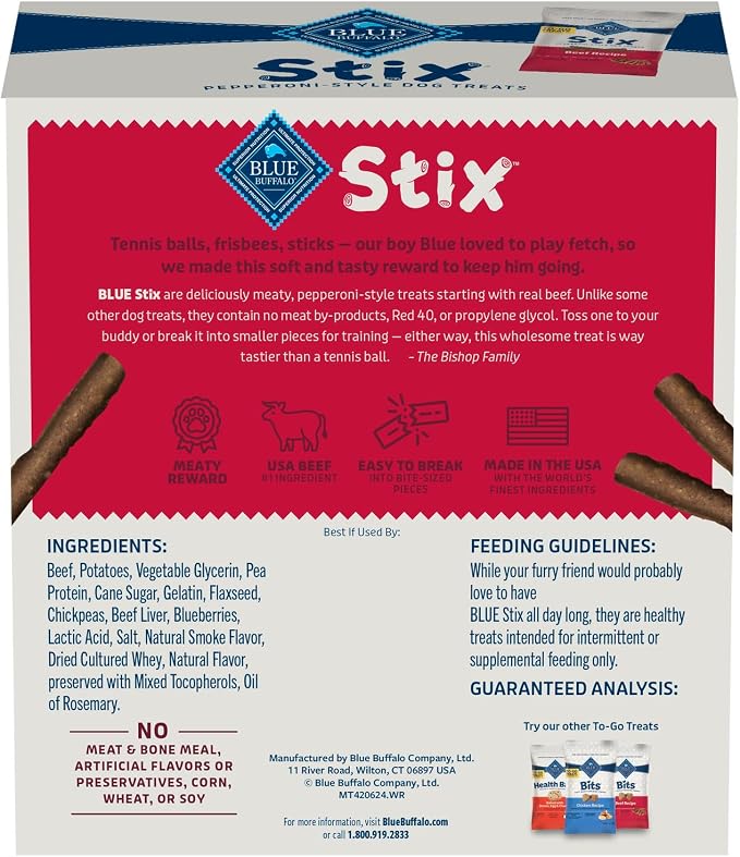 Blue Buffalo Stix Beef Pepperoni-Style Dog Treats, 1 oz, 12 ct | Real Beef #1 Ingredient, Soft & Easy to Tear, Developed by Veterinarians & Nutritionists, Great for Training