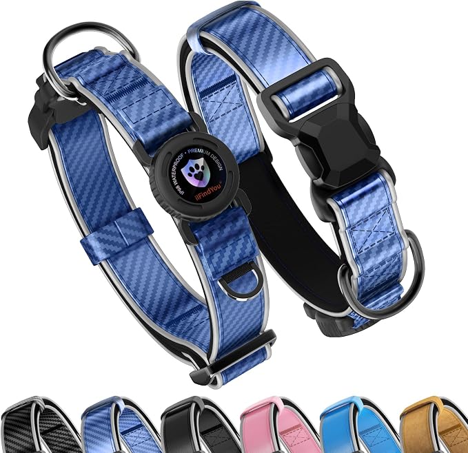 Leather AirTag Dog Collar, Magnetic Buckle, Reflective, C-Blue L