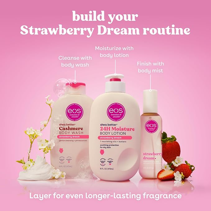 eos Cashmere Body Mist, Strawberry Dream, Body Spray for Women, Strawberry Perfume, Hair Mist, Moisturizing, Hyaluronic Acid, Glycerin, Vegan, Cruelty-free, 6 fl oz