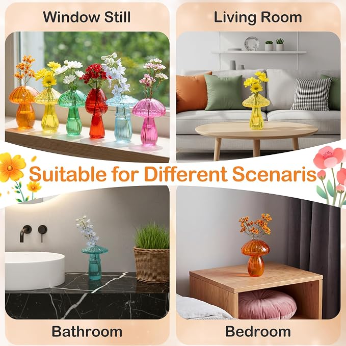 13 Pcs Glass Mushroom Vase Propagation Station with Hydroponic Plant and Artificial Fake Moss 6 Colored Plant Vase Table Centerpiece Decor for Forest Birthday Wedding Party Decoration (Bright Color)