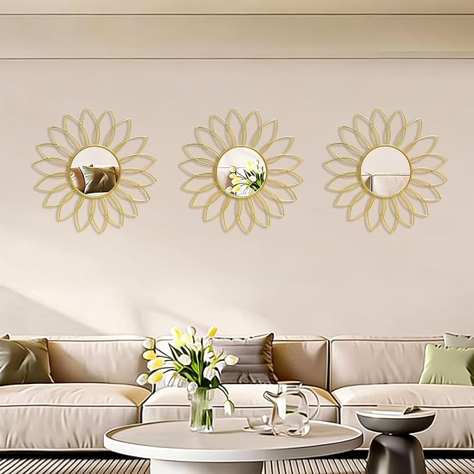 3 Pack Metal Mirrors for Wall Sunburst Wall Mirrors Home Décor Decorative Hanging Wall Art for Living Room Bedroom Entryway (Gold2, Flowers)