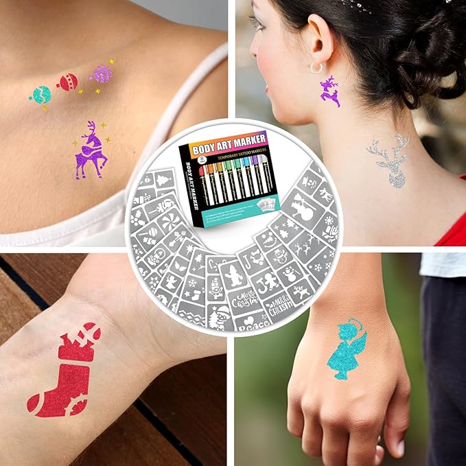 Christmas Temporary Tattoo Markers for Skin, 8 Metal Body Markers + 229 Temporary Tattoo Stencils for Kids Adult, Flexible Brush Tip, Bright Colors, Cosmetic-Grade Tattoo Ink for Girl Boy Party Favor