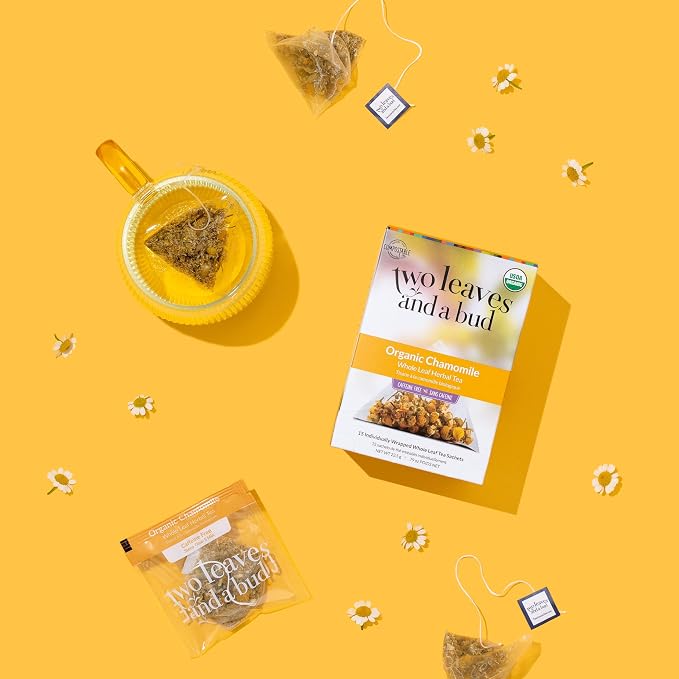 Two Leaves and a Bud Organic Chamomile Tea Bags, Naturally Caffeine Free, Whole Leaf Herbal Chamomile Tea in Pyramid Sachets, 15 Count (Pack of 6)