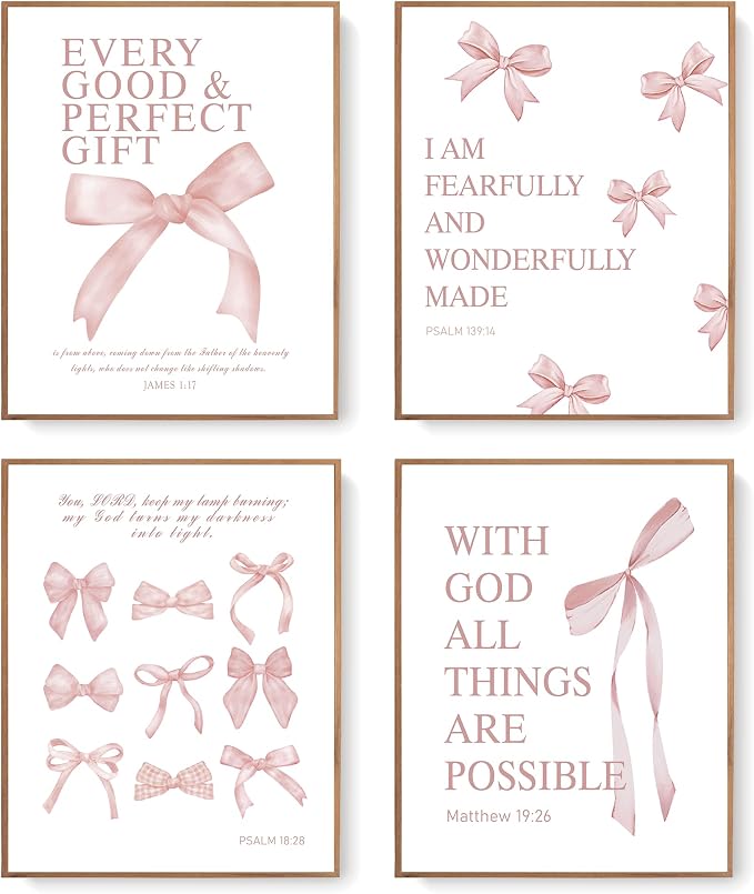 LARTSFRO Coquette Pink Bow Wall Art Decor Posters, Blush Pink Bow Room Bedroom Bathroom Dorm Wall Art Decor Aesthetic for College Teen Girls Gifts, Inspirational Bible Verses Bow Wall Decor, 10x8 Inch Set of 4 Pcs Bow Pictures (UNFRAMED)