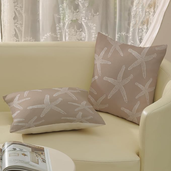 Brown Tan Starfish Pillow Covers 18x18 Inch Set of 2 Coastal Throw Pillows Summer Nautical Ocean Beach Theme Decorative Pillowcase Linen Outdoor Farmhouse Decor Cushion Case for Home Bedroom