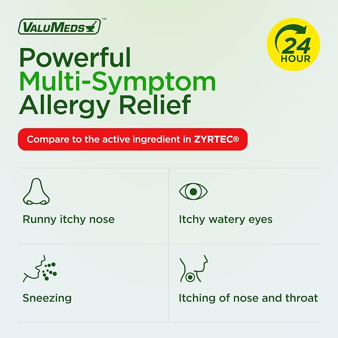 ValuMeds 24-Hour Allergy Medicine Antihistamine for Pollen, Hay Fever, Dry, Itchy Eyes, Allergies | Cetirizine HCl 10mg Caplets, Compare to Leading Brand (500 Count)