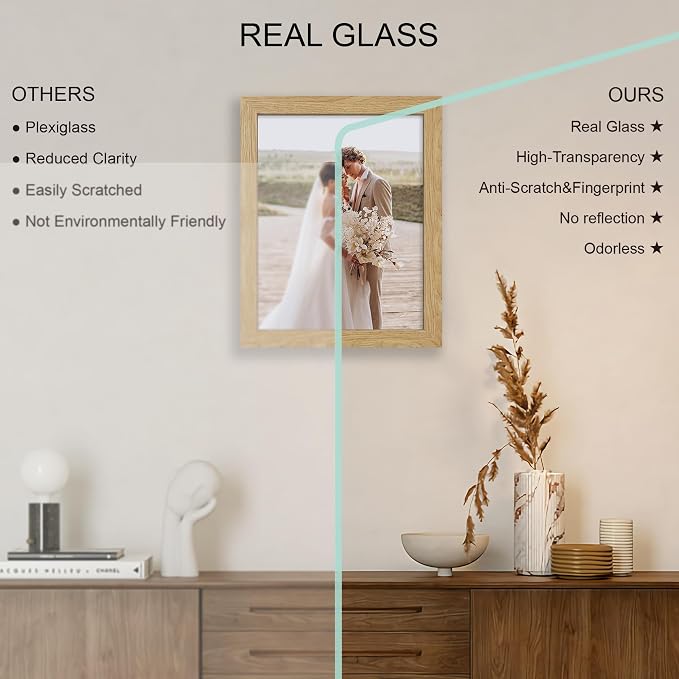Hongkee 10x13 Picture Frame Set of 4, Made of Real Glass and Natural Oak Frame, 10 by 13 Photo for Wall or Tabletop - Display Picture 8.5x10 with Mat or 10x13 Without Mat