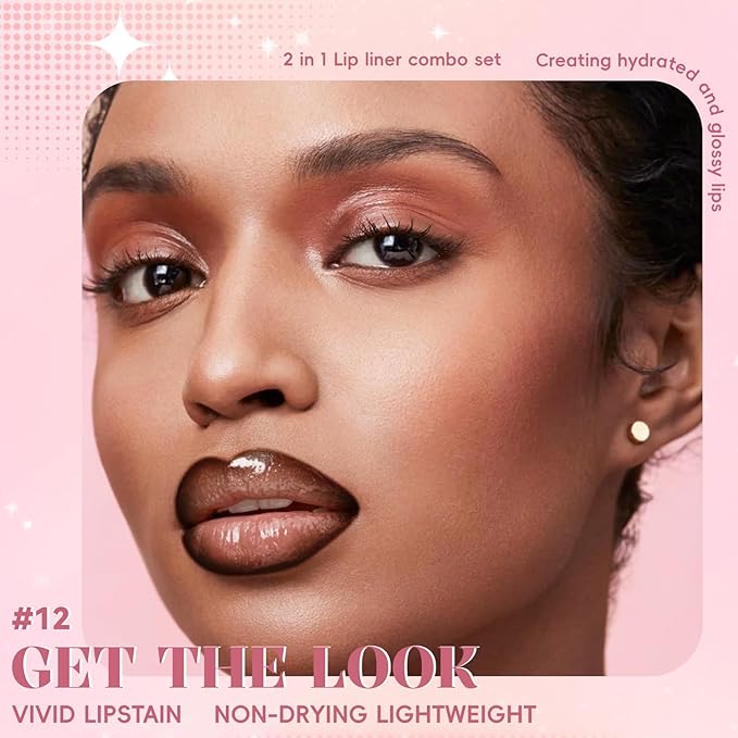 Lip Liner Gloss Lip Combo Set, 2 in 1 Lip Duo Dark Brown Lip Liner Lipstick Glossy Nourishing Nude Peach Gloss Lip Kit,Smooth Quick Fuller Plumping Juicy Lip Makeup for Women12#Brown Peach