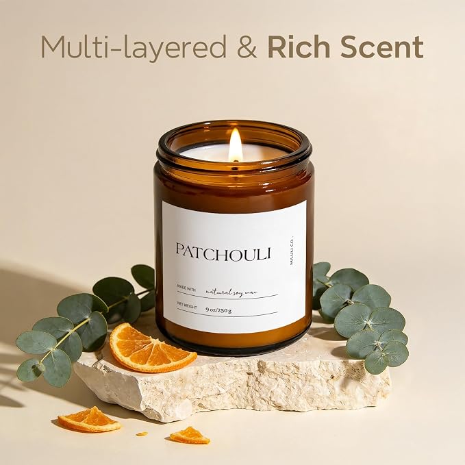 Patchouli Scented Soy Candle for Home, Natural Aromatherapy Candles with Essential Oils, Nontoxic Clean Burn, Strong Balanced Scent, 50 Hour Longlasting, Amber Jar Candel for Women Men(9oz)