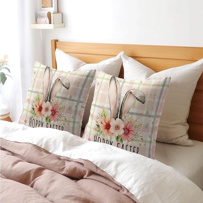 Easter Bunny Floral Pillow Covers 16X16 Inch Spring Pink Buffalo Plaid Decorative Pillow Cases Rabbit Flower Throw Pillows Set of 2 Seasonal Modern Farmhouse Home Decor for Sofa Couch Outdoor