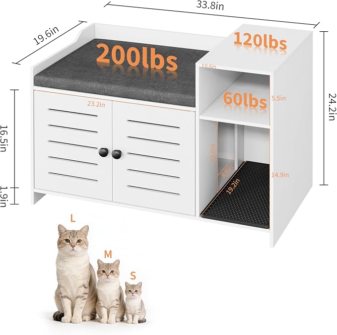 Cat Litter Box Enclosure Furniture, Large Hidden Litter Box Cabinet with Double Door, End Table Cat House with Storage Shelf, Modern Pet Furniture for Living Room, White