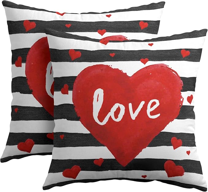 Kawani Valentine's Day Throw Pillow Covers 20x20 Set of 2 Romantic Red Love Stripes Decorative Pillow Cases Cotton Linen Cushion Cover for Lovers Home Sofa Couch Wedding Anniversary Decor