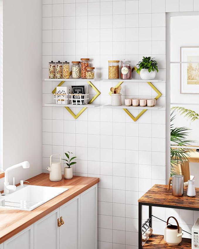 Floating Shelves for Wall, Set of 2 Wall Mounted Shelves, 2-Tier Hanging Shelves, for Living Room, Bedroom, Kitchen, Office, Study, Gold and White TBJ01P2JW