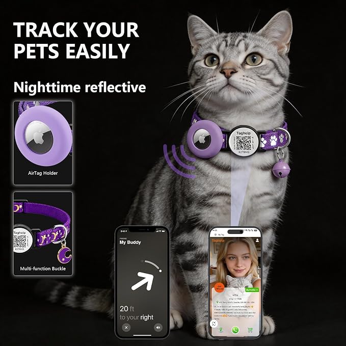2 Pack Airtag Cat Collar, Breakaway Cat Airtag with Smart ID tag & QR Code Reflective (Star Moon & Paw Pattern - Purple, with Integrated AirTag Holder)