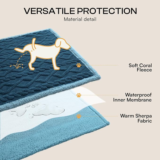 Luciphia Waterproof Dog Blanket, Reversible Sherpa Fleece for Couch Cover | Reversible waterproof pet blanket with soft Sherpa fleece; machine washable, protect couch bed car, Navy-thicken 40" x 28"