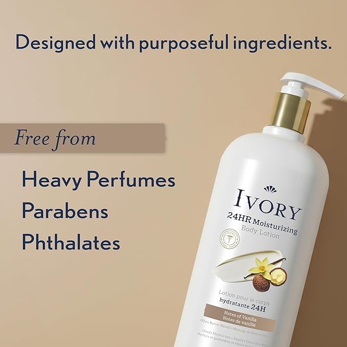 Ivory Hand & Body Lotion, 24hr Moisturizing, Repairs Extra Dry Skin, All Day Hydration, Lightweight Formula, Absorbs Instantly, Perfect for Daily Use, Shea Butter Blend, Vanilla Scent, 18 fl oz