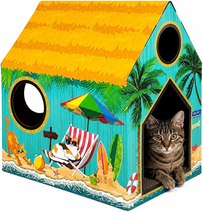 Cinrobiye Cardboard Cat House with Scratcher, Indoor Cat Condo Cat Cave Hideout with Scratch Pad, Cardboard Cat Playhouse Bed for Cats, Kittens, Rabbits & Small Pets (Beach)