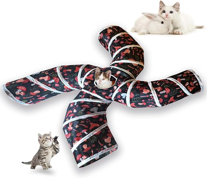 EGETOTA Cat Tunnel for Indoor Cats Large, with Play Ball S-Shape 5 Way Collapsible Interactive Peek Hole Pet Tube Toys, Puppy, Kitty, Kitten, Rabbit (S4 - Mushroom)
