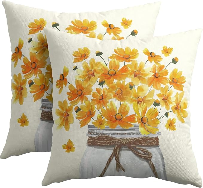 Kawani Yellow Floral Throw Pillow Covers 20x20 Set of 2 Watercolor Coreopsis Daisy Flowers Mason Jar Decorative Pillow Cases Cotton Linen Cushion Cover for Couch Sofa Outdoor Home Decor