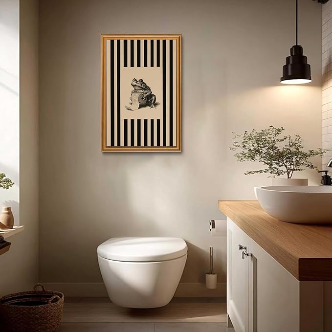 Funny Bathroom Gold Framed Wall Art Vintage Whimsical Frog Wall Decor Art | Black Beige Striped Picture Canvas Art Retro Animal Small Framed Prints Artwork For Vanity Shelf Restroom Toilet Powder Room