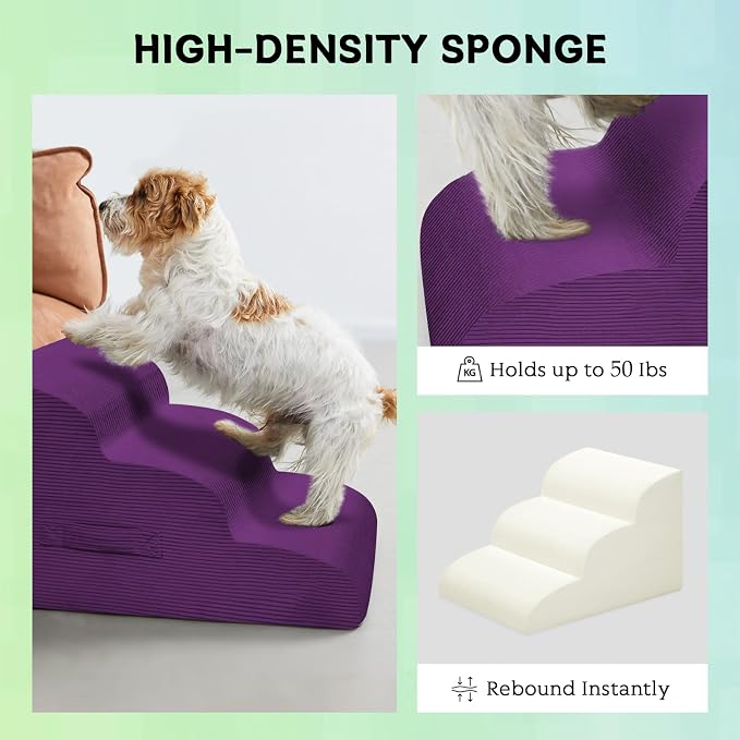 Mesa Lemon 3 Step Dog Stairs Pet Ramp for High Beds, Sofas and Cars | High Density Foam, Non-Slip Bottom, Removable Washable Cover, Portable Handle, Holds Up to 50 lbs, 16 Inch Height