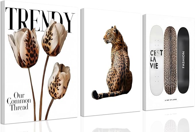 Trendy Leopard Canvas Wall Art Set of 3 Cheetah Printed Preppy Fashion Skateboard Wall Decor Preppy Room Aesthetic posters Prints for Girls Bedroom Apartment Dorm 16x24in Framed Decoration