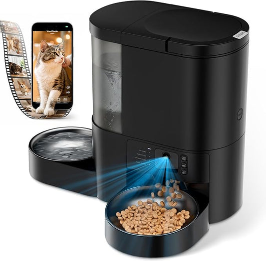 Automatic Cat Feeder with Camera, 2 in 1 Cat Food and Water Dispenser | 2K HD Video and Night Vision, 5G App Controlled Timed Pet Feeder, 4L Food & 3L Gravity Waterer, 2-Way Audio for Cat Small Dog