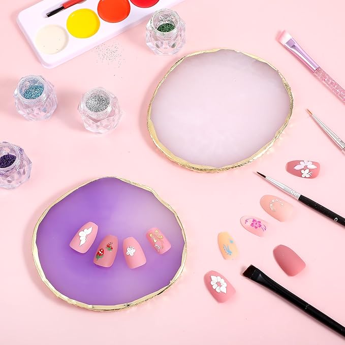 2 Pcs Resin Nail Art Palette, Nail Painting Mixed Color Palette Makeup Mixing Palettes Gold Edge Nails Polish Palettes Holder Nails Gel Color Display Board Pallet