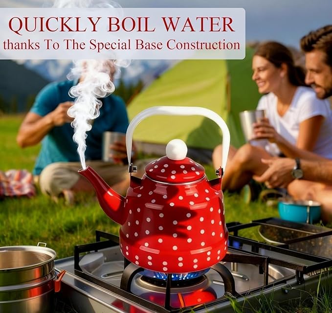 1.8 Quart Vintage Enamel Tea Kettle Stovetop,Enamel Water Kettle Teapot with Red and White Spots,Enamel on Steel Water Coffee with Handle,Hot Water Kettle for Hot Water,No Whistling,Wedding Gifts