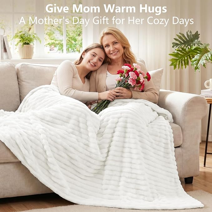 Off White Throw Blanket for Couch & Bed, 50 x 60 Inch | 300GSM Ribbed Fleece Blanket, Soft, Cozy & Lightweight, OEKO-TEX Certified, All-Season Use for Travel, Dorm & Home Decor