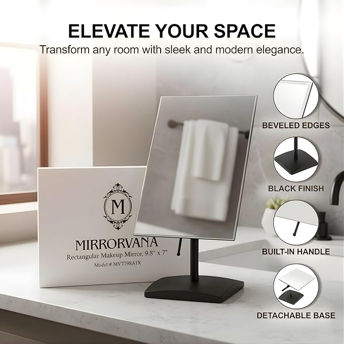 MIRRORVANA Large Table Desk Mirror with Stand for Office Desktop, Makeup Vanity and Bathroom Countertop - Personal Adjustable Face Mirror - 9.8" x 7" (Black)