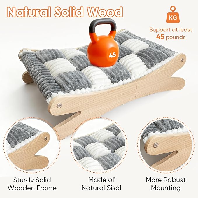 Plush Elevated Cat Bed - Cozy Raised Cat Hammock with Solid Wood Frame, Soft Furry Cushion for Indoor Cats & Small Dogs, Multi-Color Options(Black White)