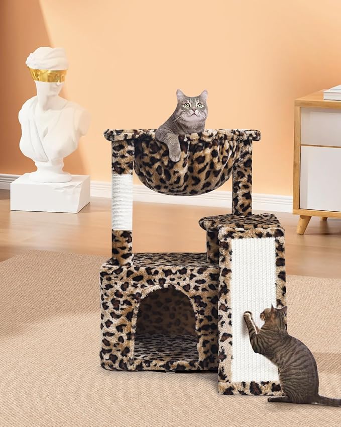 SYANDLVY Leopard Print Cat Tree for Indoor Cats, Small Cat Tower with Scratching Post & Board, Modern Activity House Condo with Cradle, Hanging Ball for Play, Kittens Cave