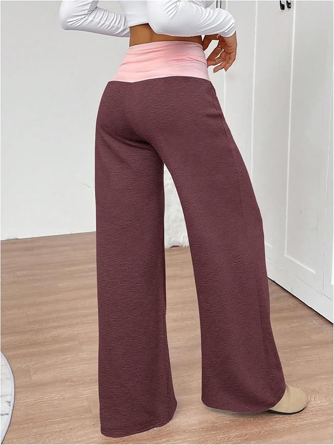 SOLY HUX Women's Sweatpants Color Block Low Rise Fold Over Waist Baggy Wide Leg Pants