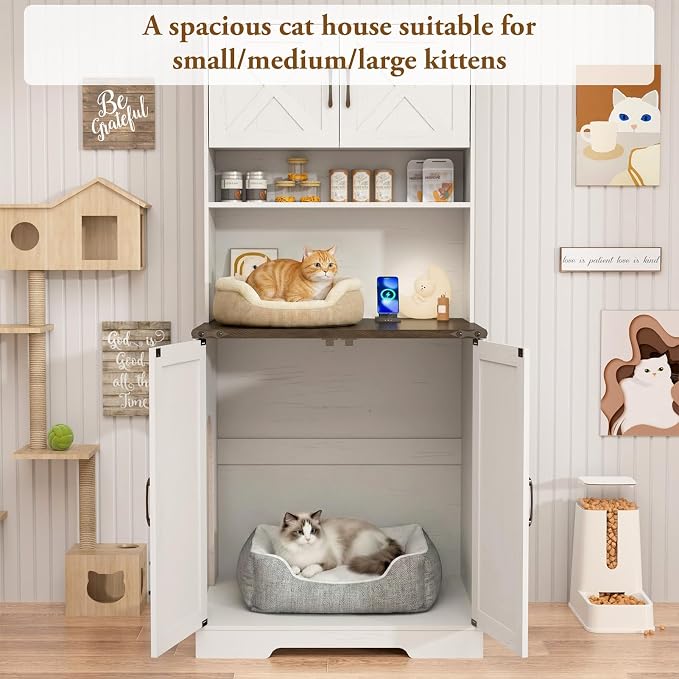 71Inches Tall Cat Litter Box Enclosure for Cats W/Power Outlets,Open Shelves.Wooden Pet Washroom Furniture W/Locks,Cabinet.Indoor Cats House,Hidden Cat Litter Box for Living Room,Bedroom(White-2)