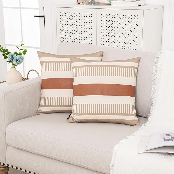 2 Pack 18x18 Inch Pillow Covers - Brown Faux Leather & Tan Stripe Print Soft Canvas Splicing, Same Pattern Both Sides | for Sofa Couch Bed Living Room, Farmhouse Industrial Minimalist Decor