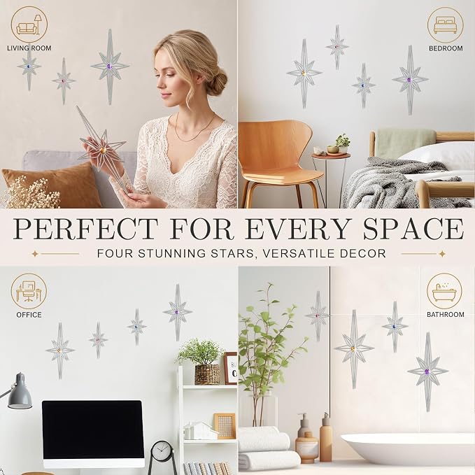 sxnzequnze 4 Pcs Star Wall Art for Home Decor Living Room Bedroom Office Metal 3D,Bling,with Hanging Hook Starburst Midcentury Sculpture Retro Gallery Accent Celestial -Silver 16.5in/9.4in