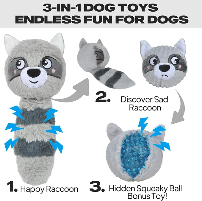 Fida Squeaky Dog Toys for Aggressive Chewers, 3 in 1, Tough Dog Ball