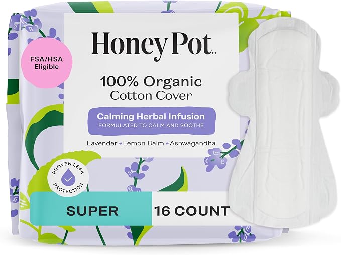 Honey Pot - Calming Herbal Super Sanitary Pads for Women - 100% Organic Cotton Top Sheet - Feminine Care - Non Cooling - Calming Herbs of Lavender, Ashwagandha, & Lemon Balm - 16ct