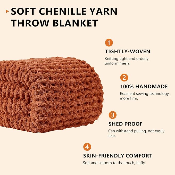 L'AGRATY Chunky Knit Throw Blanket for Couch, 50 x 60 Inches, Rusty Orange | Handmade Chenille Crochet Blanket for Sofa Bed, Thick Cable Knitted Blankets for Room Home Decor, Birthday Gift for Women Mom