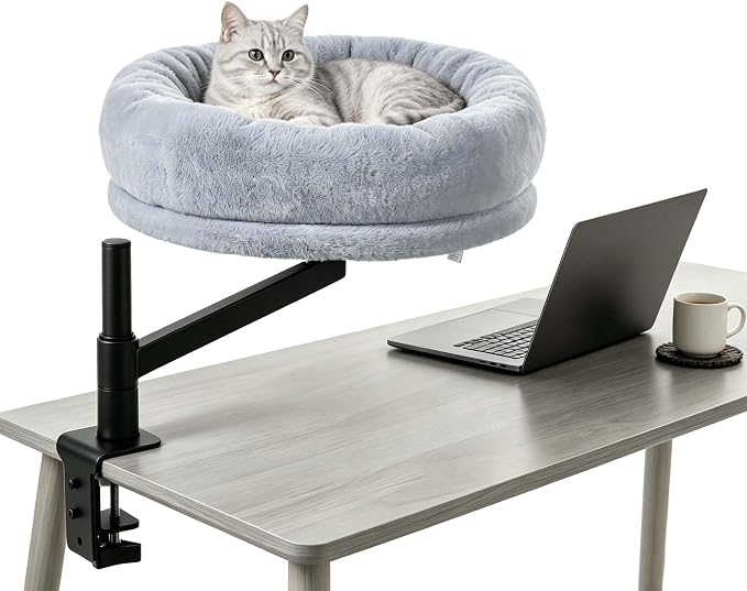 ANWA Cat Desk Bed for Indoor Cats, Heavy Duty Desk Hammock Cat Bed, Gray | 360° Rotating & Adjustable Height, Round 16.5" Cat Bed for Desk, Soft Faux Fur, Metal Frame (Max 45lbs), Cat Furniture