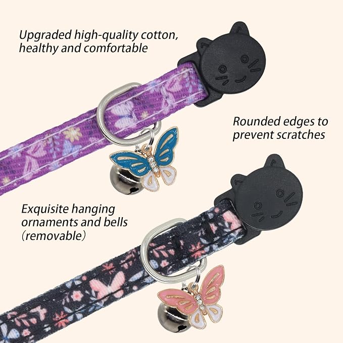 Cat Collar Breakaway, 2 Pack Cotton Kitten Collars with Bells and Removable Charms, Cute Butterfly Shaped for Indoor Boy, Girl and Adult Cats