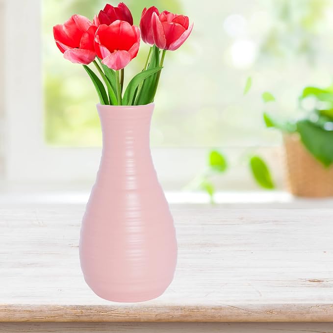 2 Pack Composite Plastics Flower Vase, Unbreakable Ceramic Look Vase for Home Decor Centerpieces, Arranging Bouquets (Pink)