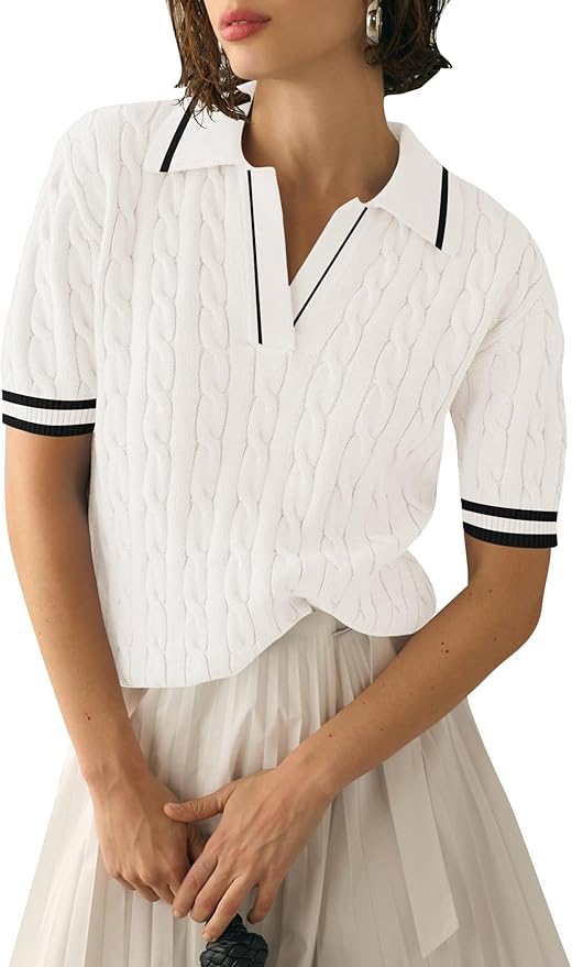Micoson Womens Short Sleeve Sweater Tops Lapel V Neck Polo Shirts 2026 | Summer Cable Knit Loose Blouses, Business Casual Outfits