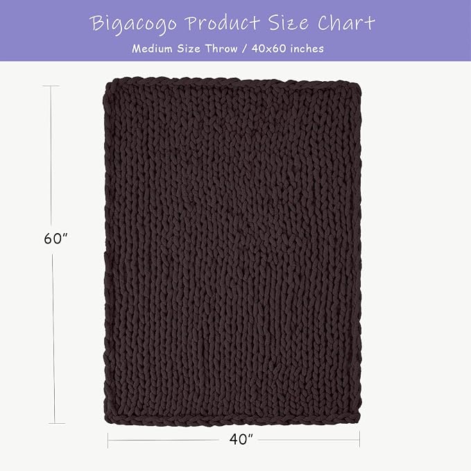 Bigacogo Chunky Knit Throw Blanket for Couch, 40x60 inches, Chocolate | Hand Knit with Jumbo Chenille, Soft Breathable Cable Knit for Sofa Bed Living Room, Machine Washable, Gift for Mom Friend