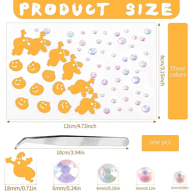 Halloween Orange Face Stickers Gems for Makeup, 3 Sheets Pumpkin Spooky Spider Witch Face Glitter Rhinestone jewels, Self Adhesive Face Eye Nail Body Gems Stick on for Boo Rave Festival Accessories
