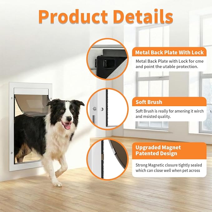Dog Door for Large Dogs, Large White Aluminum Frame Pet Door with 2-Way Lock, Easy Install on Interior Door/Screen/Wall, Weatherproof Magnetic Flap